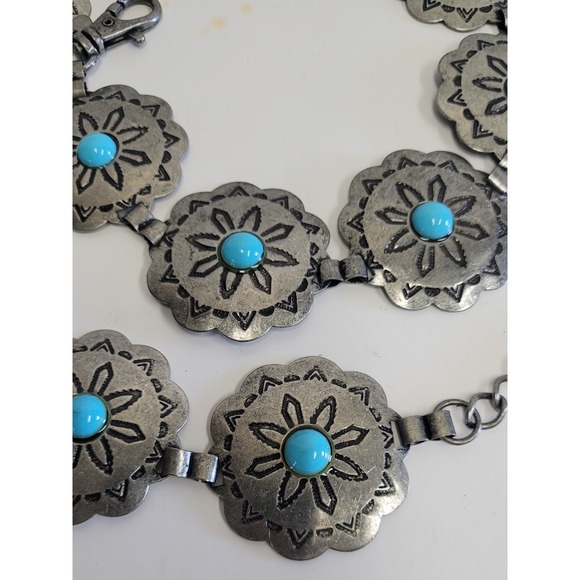 Vgt Korea G&S southwestern faux Silver Tone Turquoise Concho belt women 40 Inch - Picture 3 of 9
